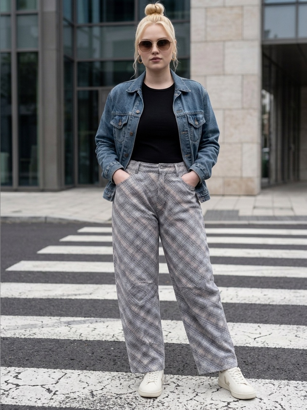 NWT Vintage Plaid Barrel Jeans Womens Wide Curved Leg High Waist Denim Pants
